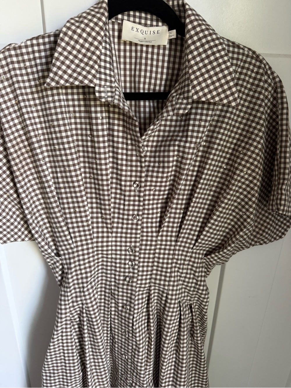 Anthropologie Exquise Tobie Studded shirt dress in brown and white gingham. S. - Picture 7 of 13